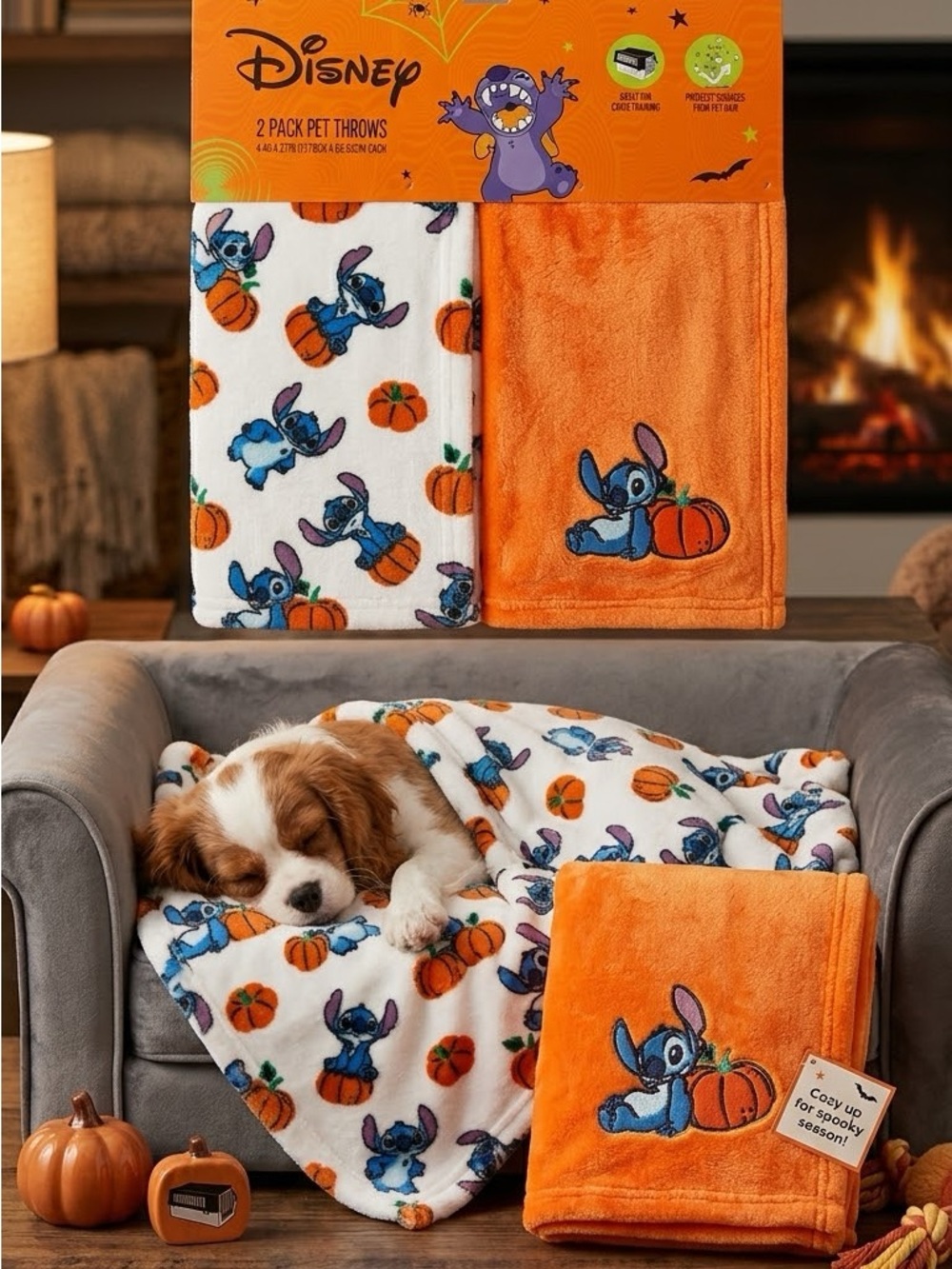 NWT Disney Stitch Halloween Pumpkin 2-Pack Pet Throws Blanket Set